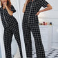 Grid Lapel Collar Short Sleeve Top and Pants Pajama Set