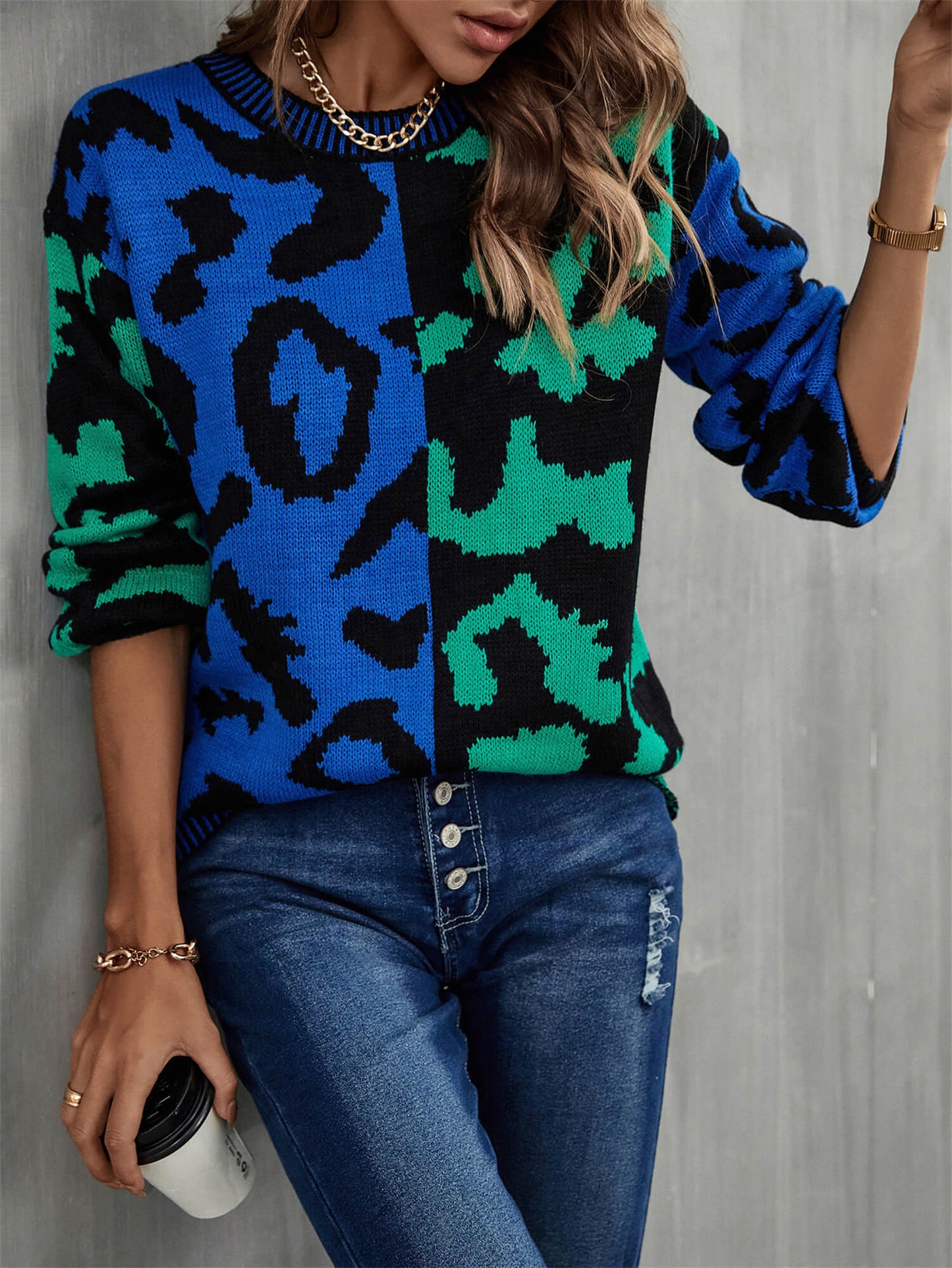 Cozy Weekends Leopard Ribbed Trim Dropped Shoulder Sweater