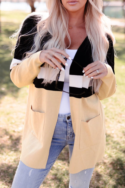 Color Block Open Front Pocketed Longline Cardigan