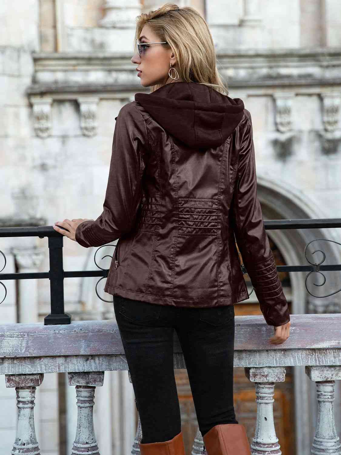 Full Size Zip-Up Hooded PU Jacket