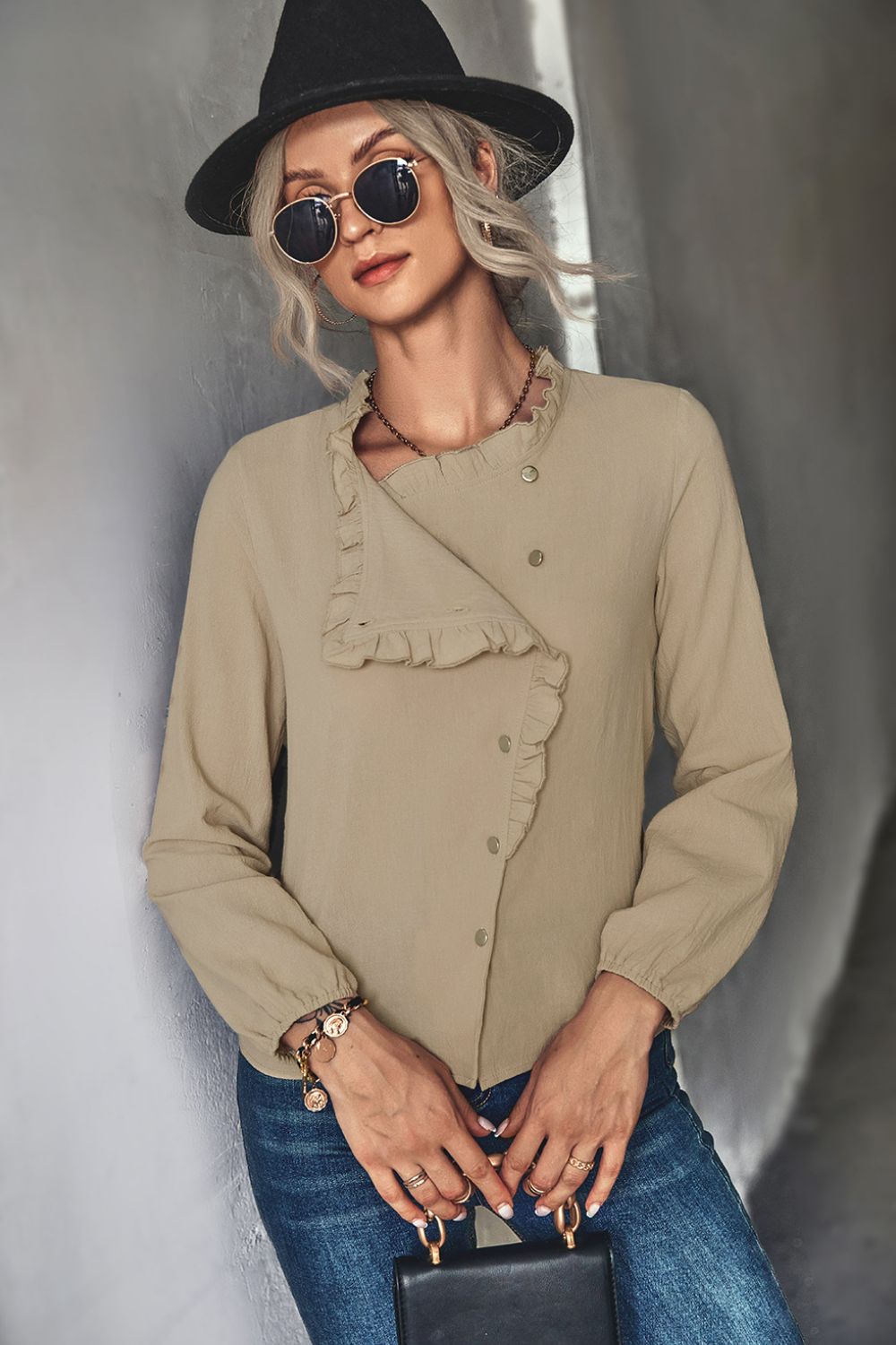 Frill Trim Button Down Long Sleeve Top