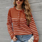 Striped Half-Button Frill Trim Sweater