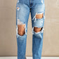 Frayed Hem Distressed Jeans with Pockets