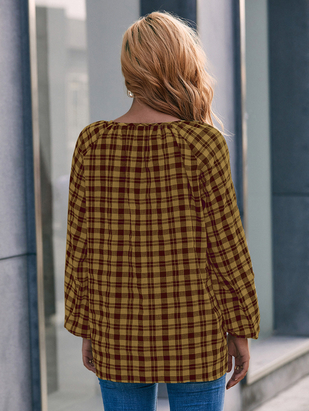 Plaid Tie Neck Long Sleeve Blouse