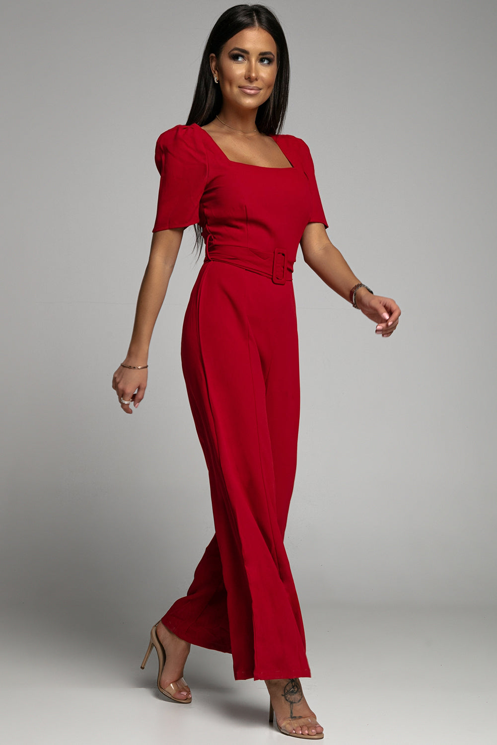 Belted Square Neck Puff Sleeve Jumpsuit