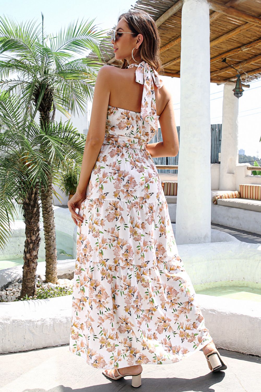 Floral Halter Neck Belted Maxi Dress