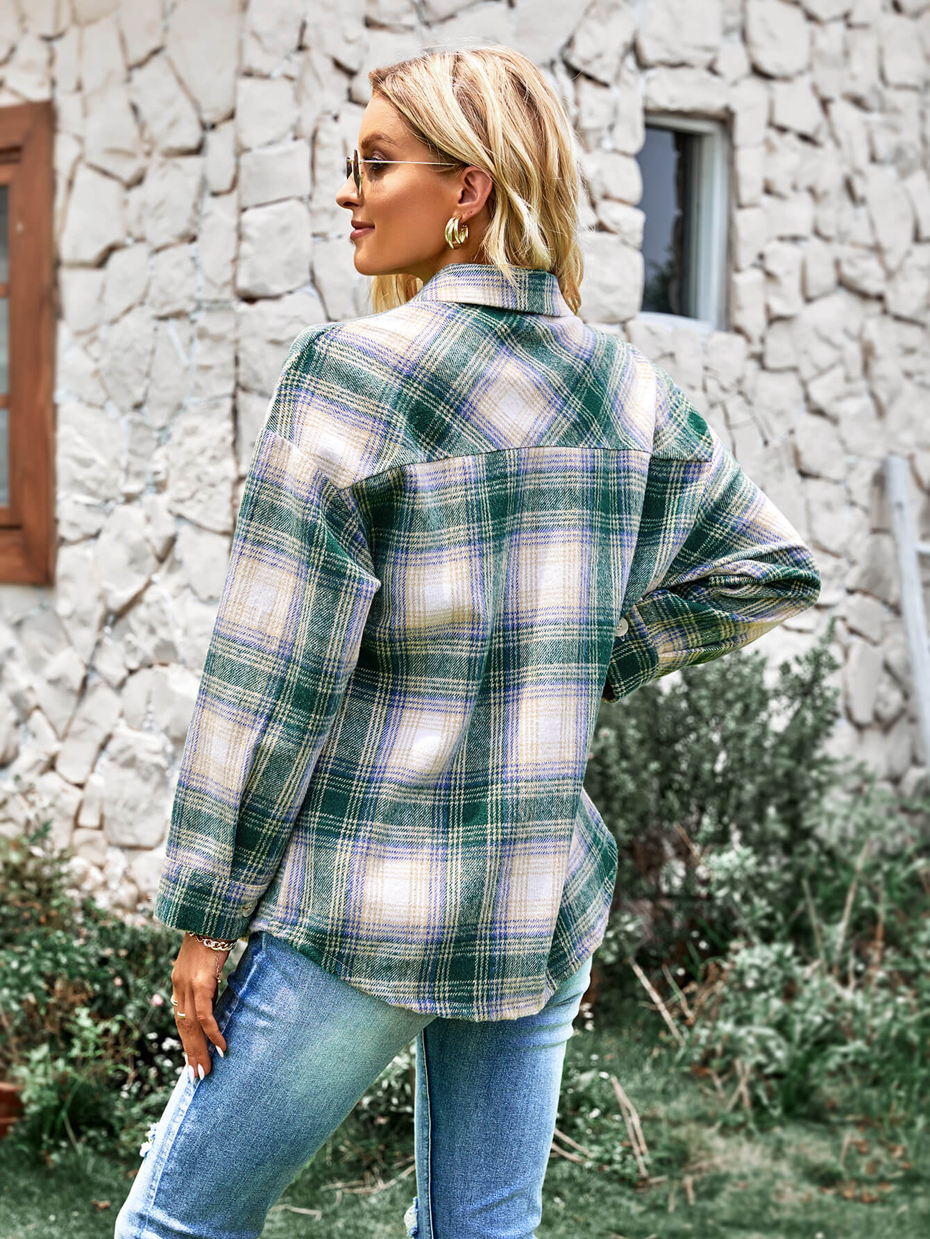 Plaid Button Front Curved Hem Shacket