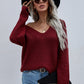 V-Neck Rib-Knit Drop Shoulder Tunic Sweater