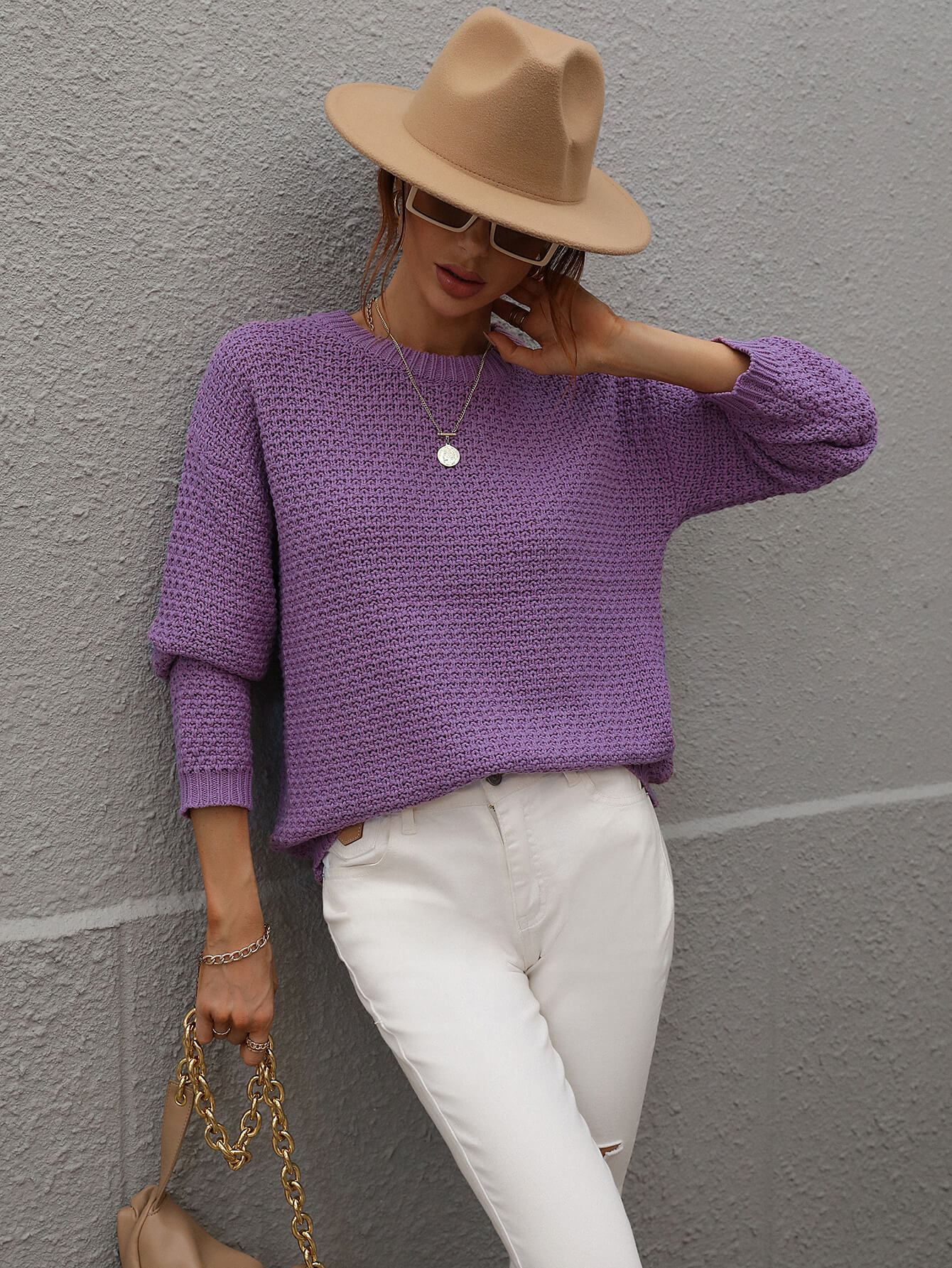 Drop Shoulder Round Neck Ribbed Cuff Sweater