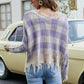 Plaid Frayed Trim V-Neck Sweater