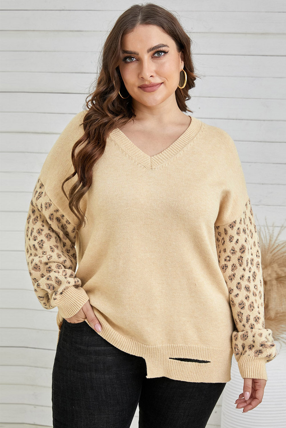 Plus Size Leopard Distressed Hem Detail Slit Sweater