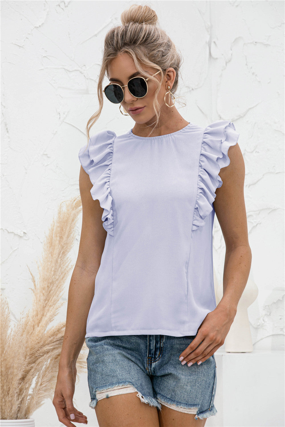 Ruffle Shoulder Tie-Back Crewneck Top