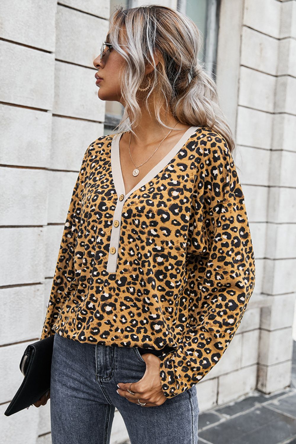 Leopard Buttoned Contrast Trim Top