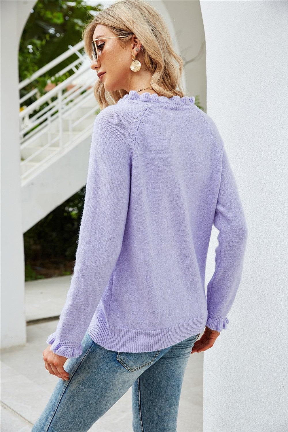 Half-Button Frill Trim Raglan Sleeve Sweater