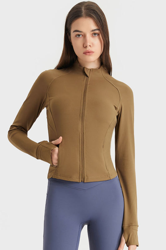 Zip Up Thumbhole Sleeve Sports Jacket with Pockets