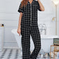 Grid Lapel Collar Short Sleeve Top and Pants Pajama Set