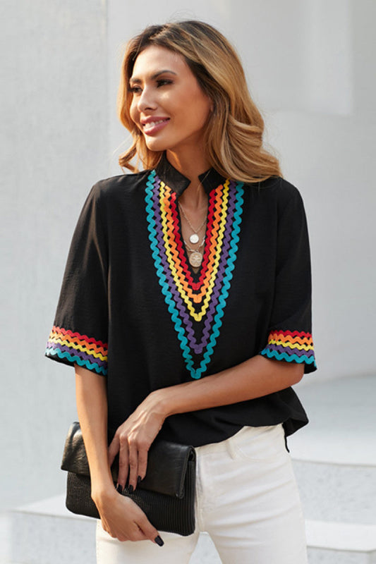 Embroidered Deep V Neck Chiffon Top