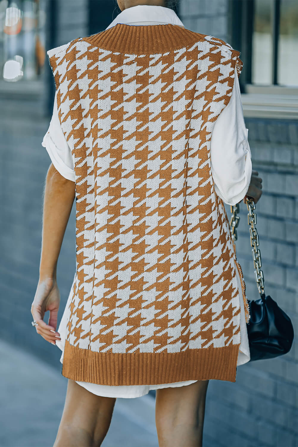 Houndstooth Side Slit Ribbed Sweater Vest Dress