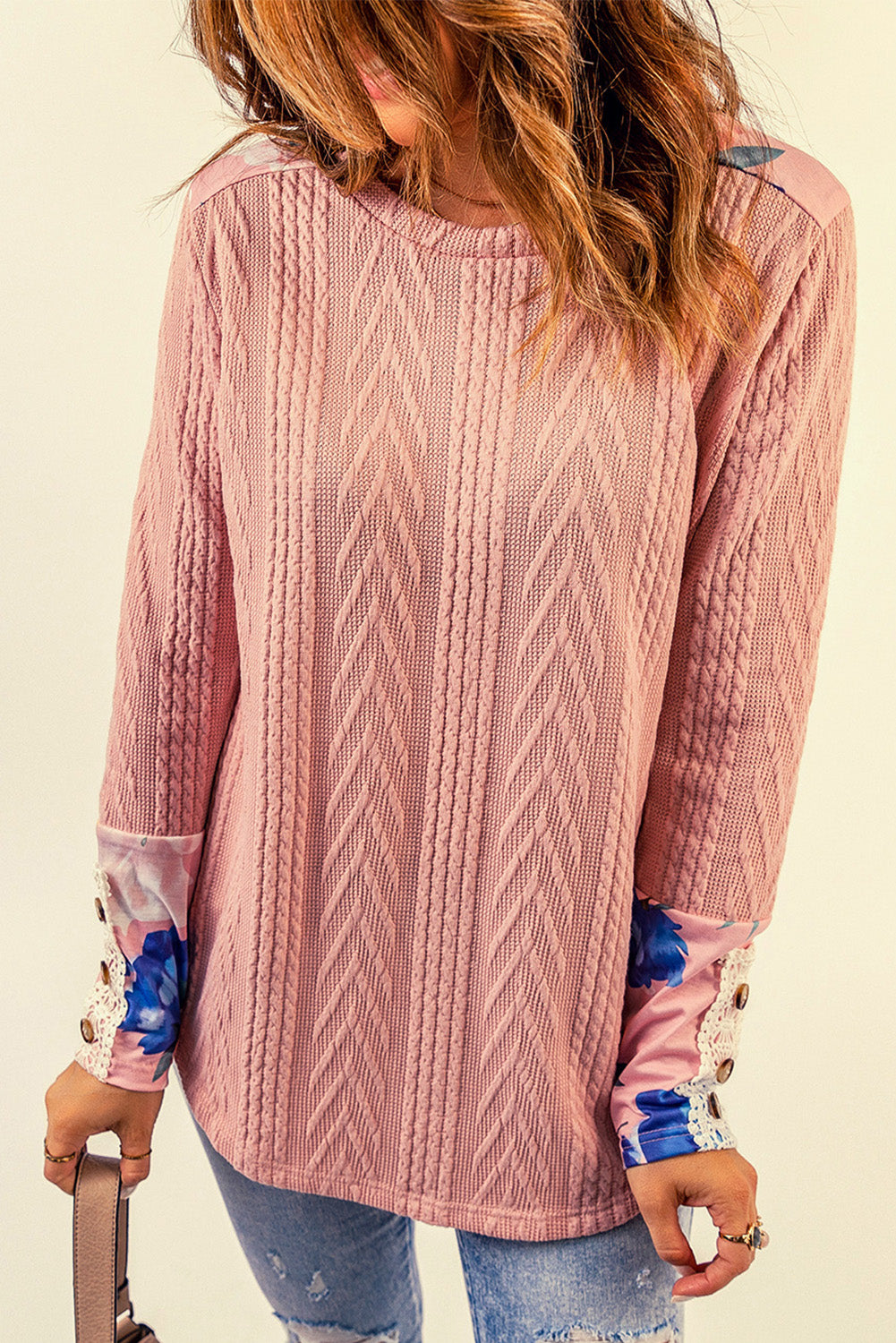 Floral Button Detail Lace Trim Spliced Knit Top