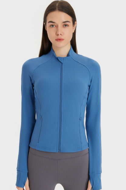 Zip Up Thumbhole Sleeve Sports Jacket with Pockets