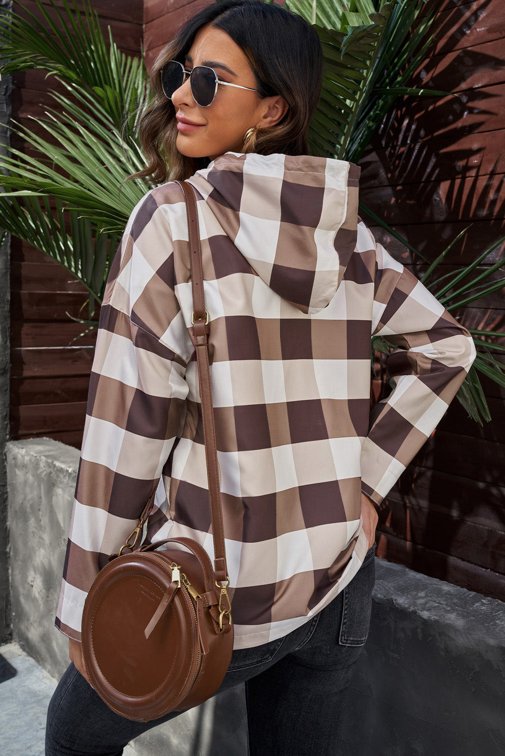 Plaid Drawstring Hem Zip Up Hooded Jacket