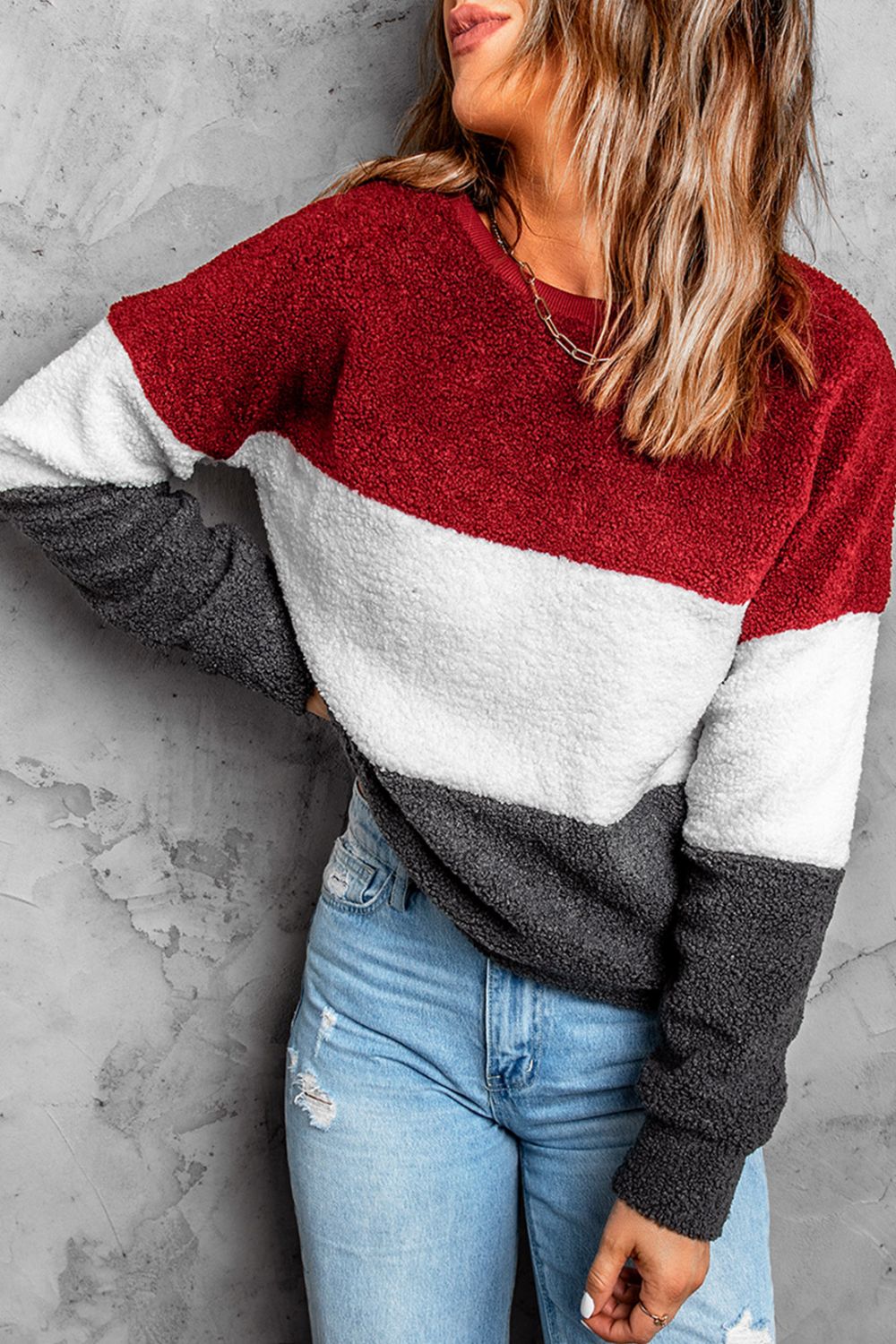 Color Block Round Neck Teddy Sweatshirt