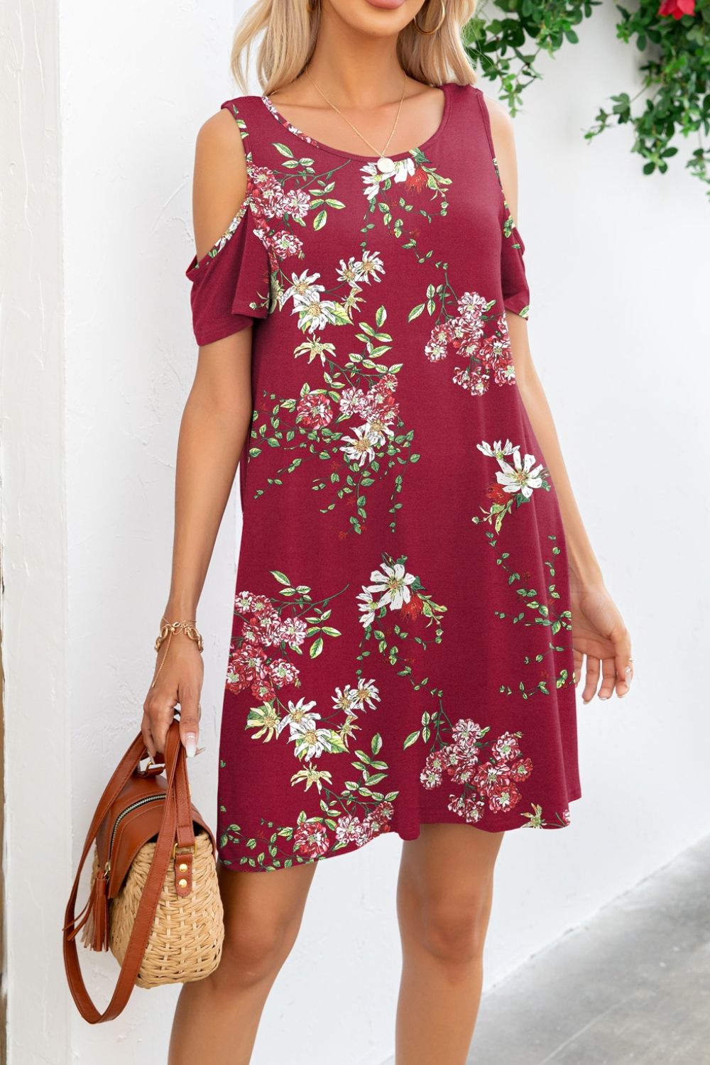Printed Round Neck Cold-Shoulder Dress