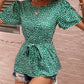 Heart Print Tie Belt Puff Sleeve Blouse
