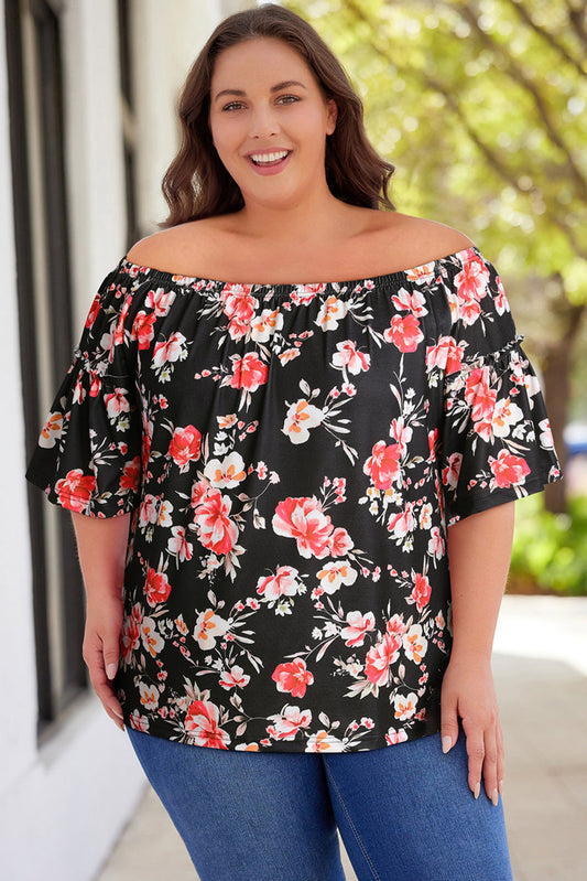 Plus Size Floral Off-Shoulder Flare Sleeve Blouse