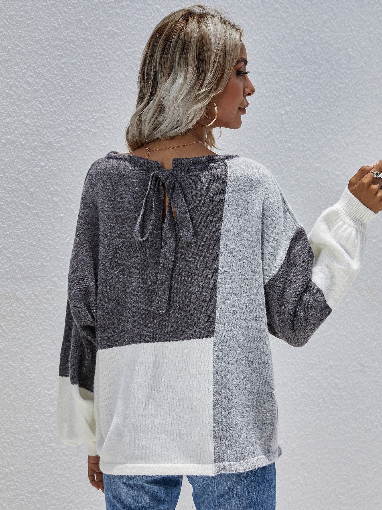 Color Block Tie-Back Dropped Shoulder Knit Pullover