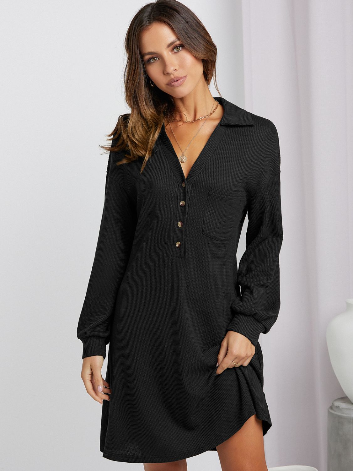 Johnny Collar Half Button Waffle Knit Dress