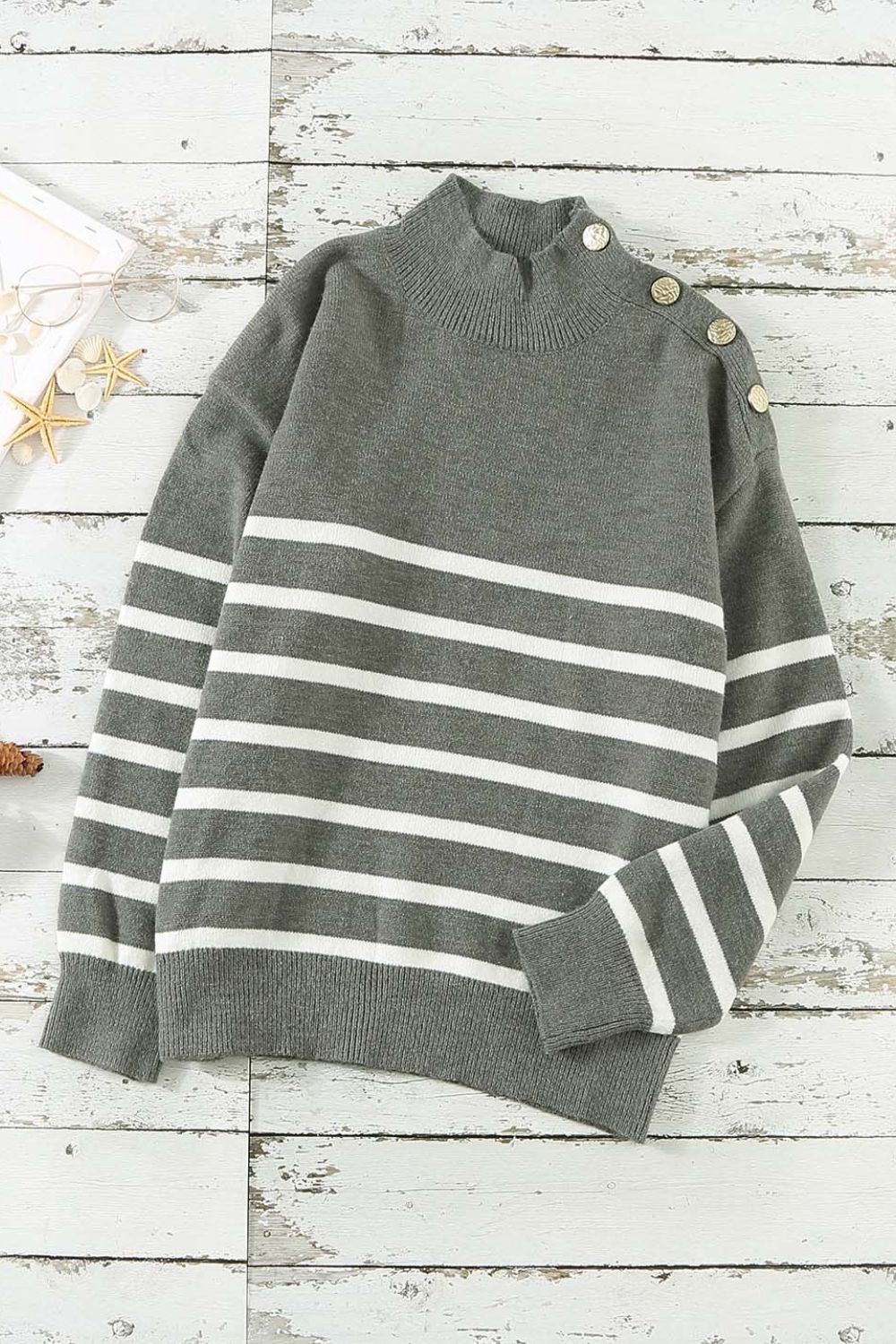 Striped Button Detail Mock Neck Sweater