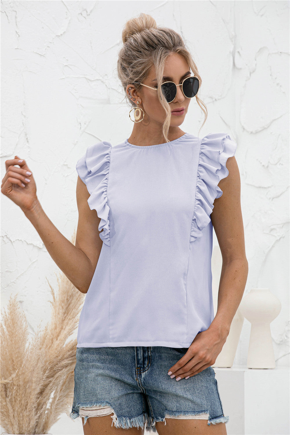 Ruffle Shoulder Tie-Back Crewneck Top