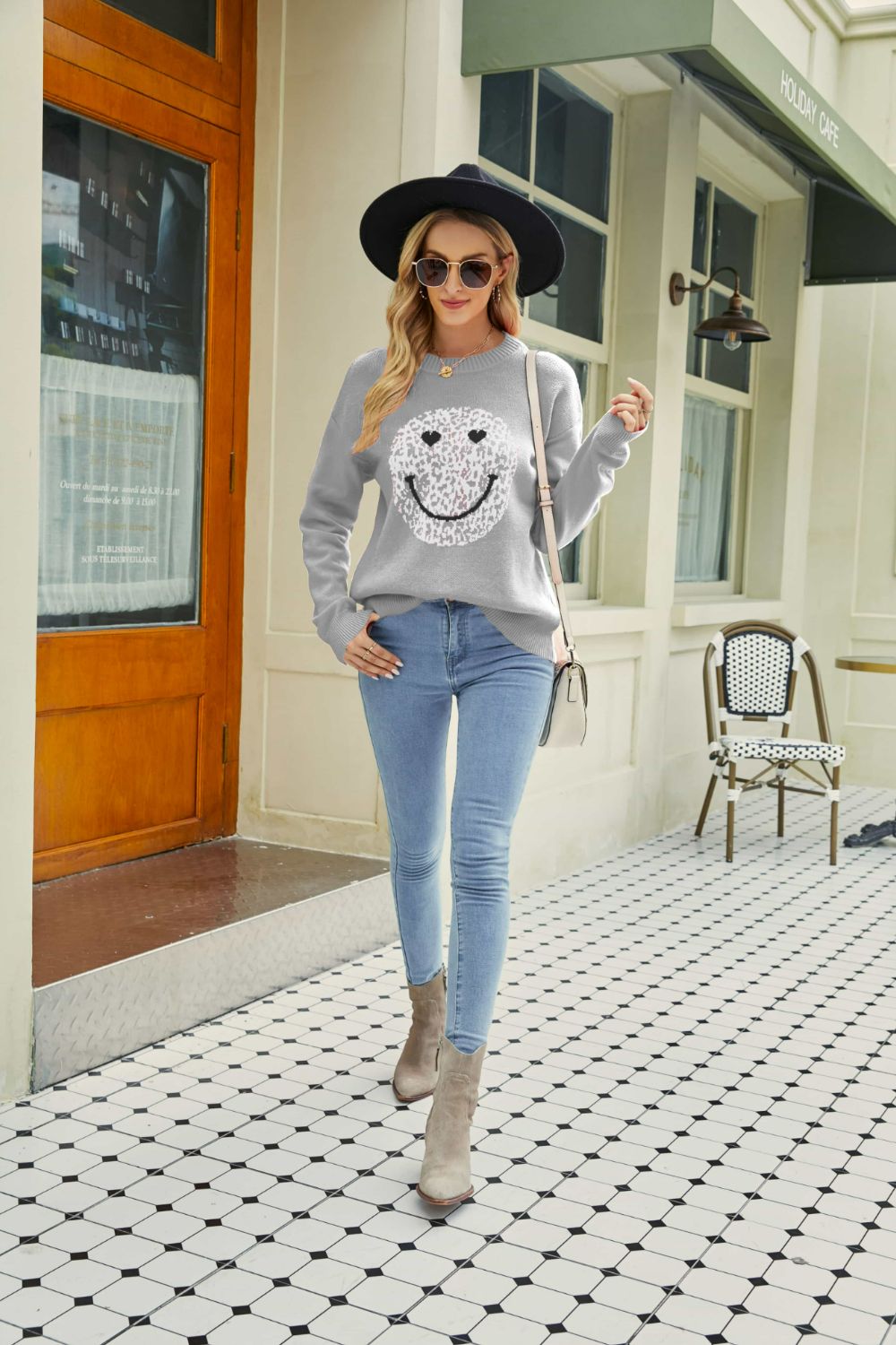 Smiley Face Graphic Dropped Shoulder Sweater