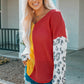 Leopard Color Block Waffle-Knit V-Neck Top