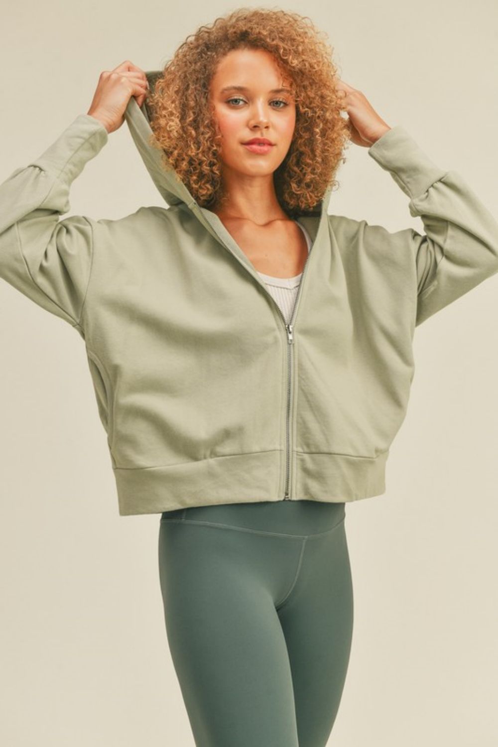 Kimberly C Full Size Zip-Up Drop Shoulder Hooded Jacket in Sage