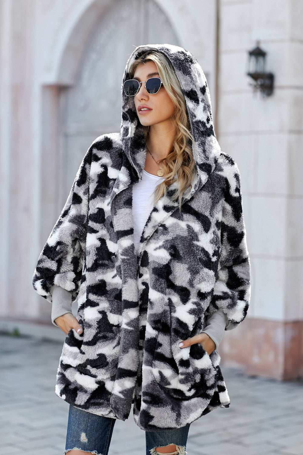 Fleece Hooded Open Front Jacket with Pockets