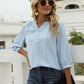 Swiss Dot Notched Neck Three-Quarter Sleeve Blouse