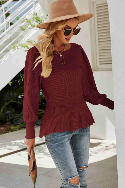 Rib-Knit Lantern Sleeve Peplum Sweater
