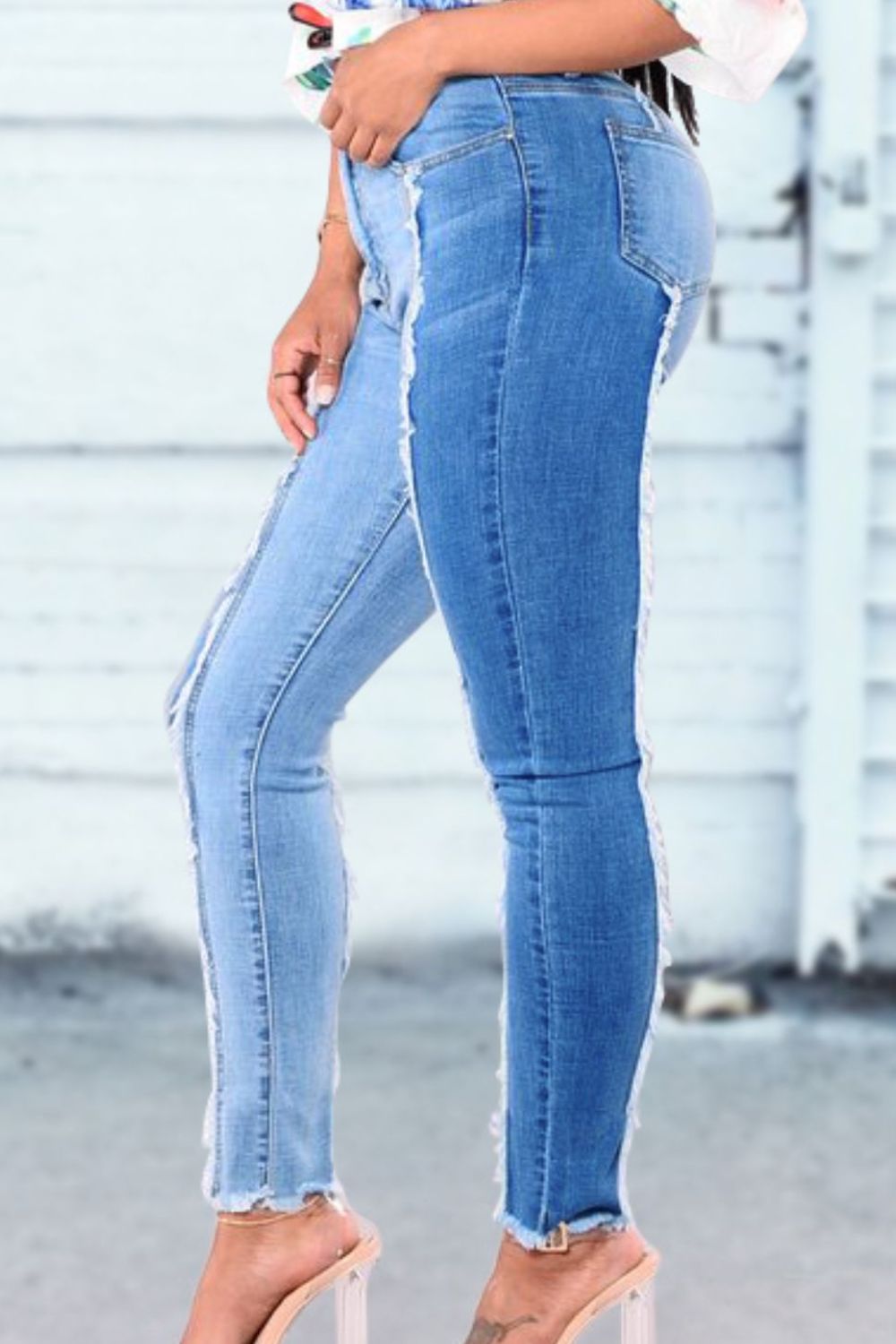Full Size Two-Tone Fringe Trim Jeans
