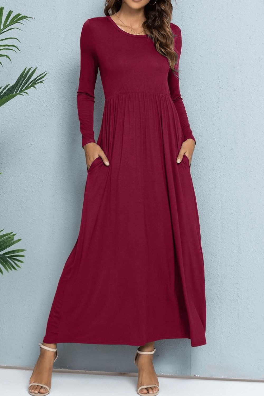 Long Sleeve Round Neck Maxi Dress with Pockets