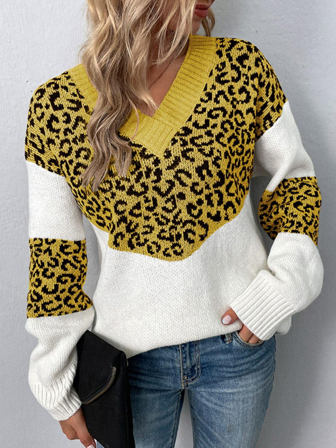 Leopard Color Block V-Neck Ribbed Trim Sweater