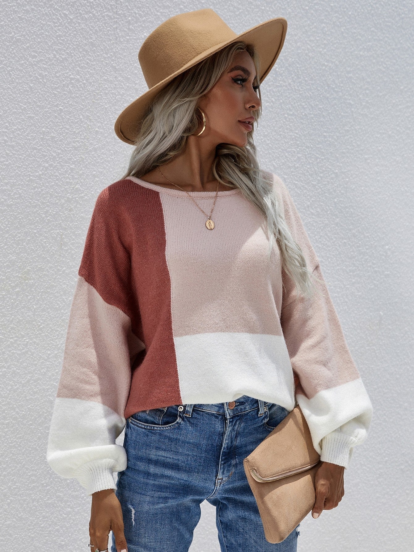 Color Block Tie-Back Dropped Shoulder Knit Pullover