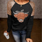 Contrast Sequin Animal Graphic Round Neck Top