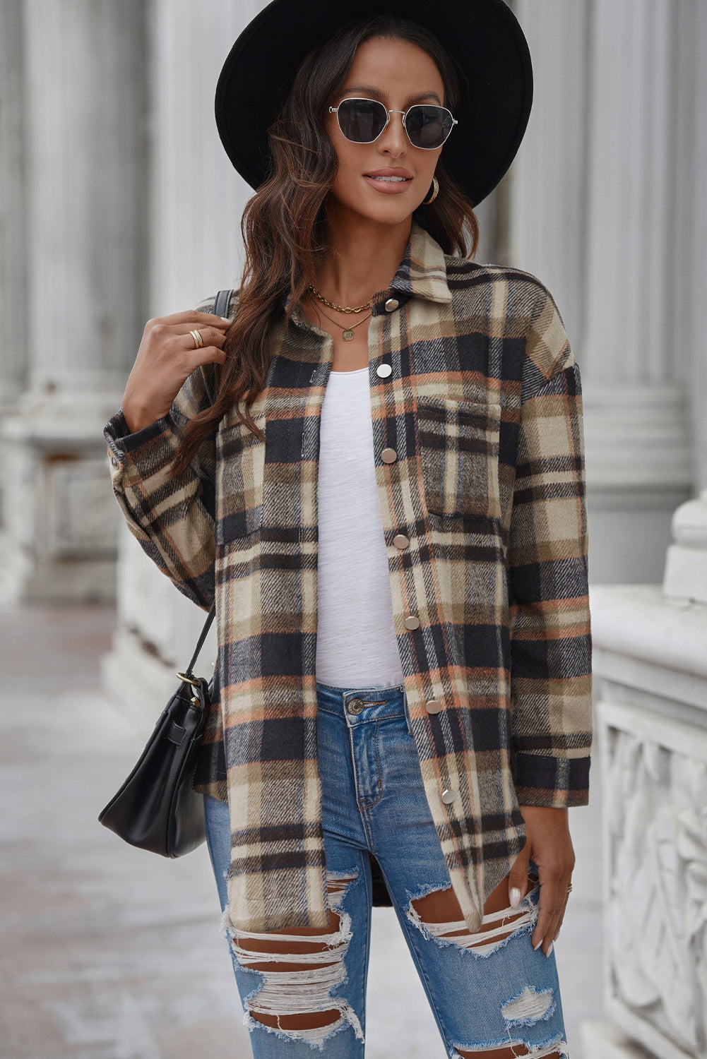Plaid Curved Hem Dropped Shoulder Longline Shirt Jacket