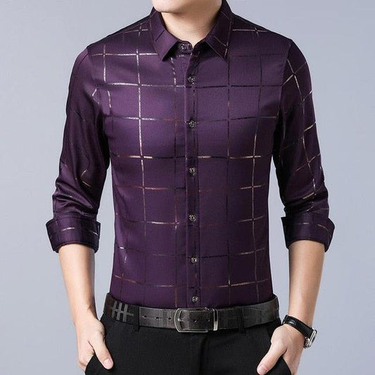 Elegant Casual Spring Luxury Plaid Long Sleeve Slim Fit Men Shirt Streetwear Social Dress Shirts Tm1