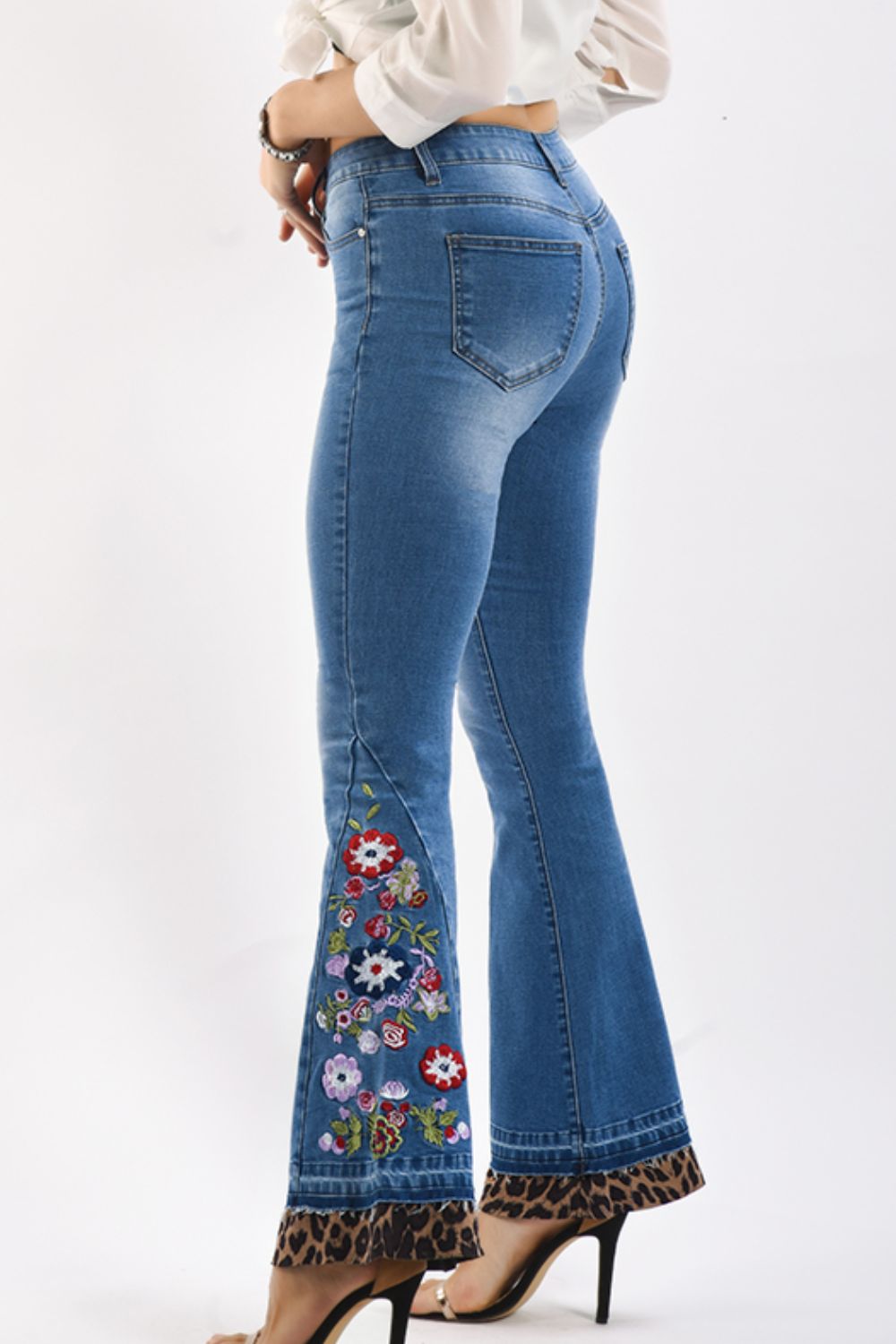 Full Size Leopard Floral Embroidered Flare Jeans