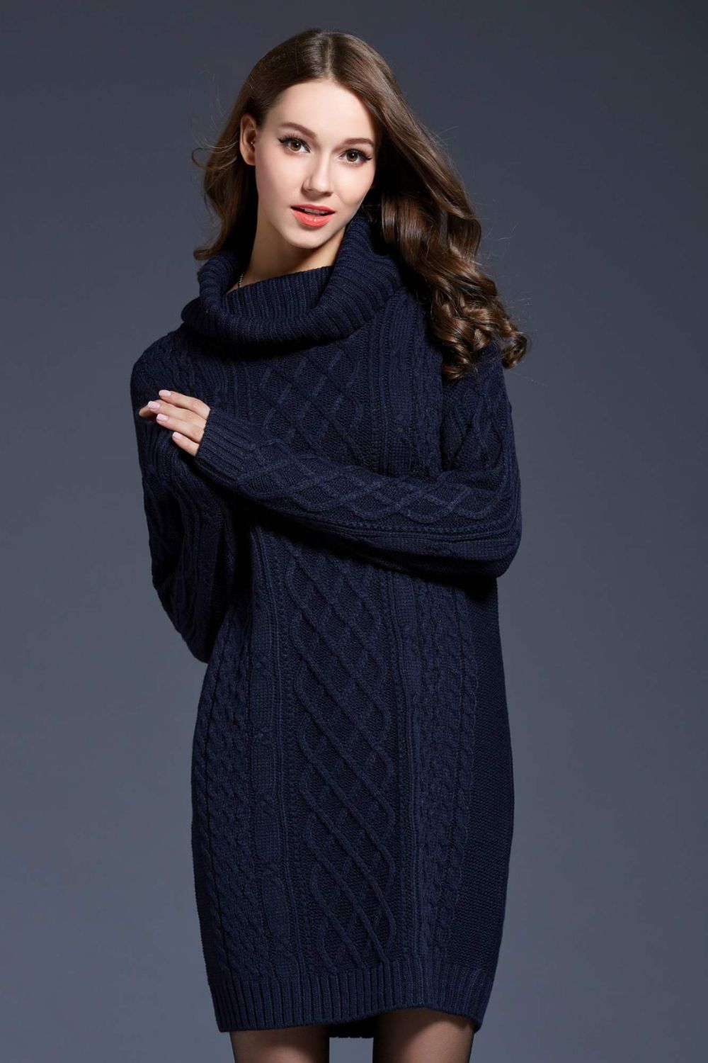 Full Size Mixed Knit Cowl Neck Dropped Shoulder Sweater Dress  Deals DejaVu