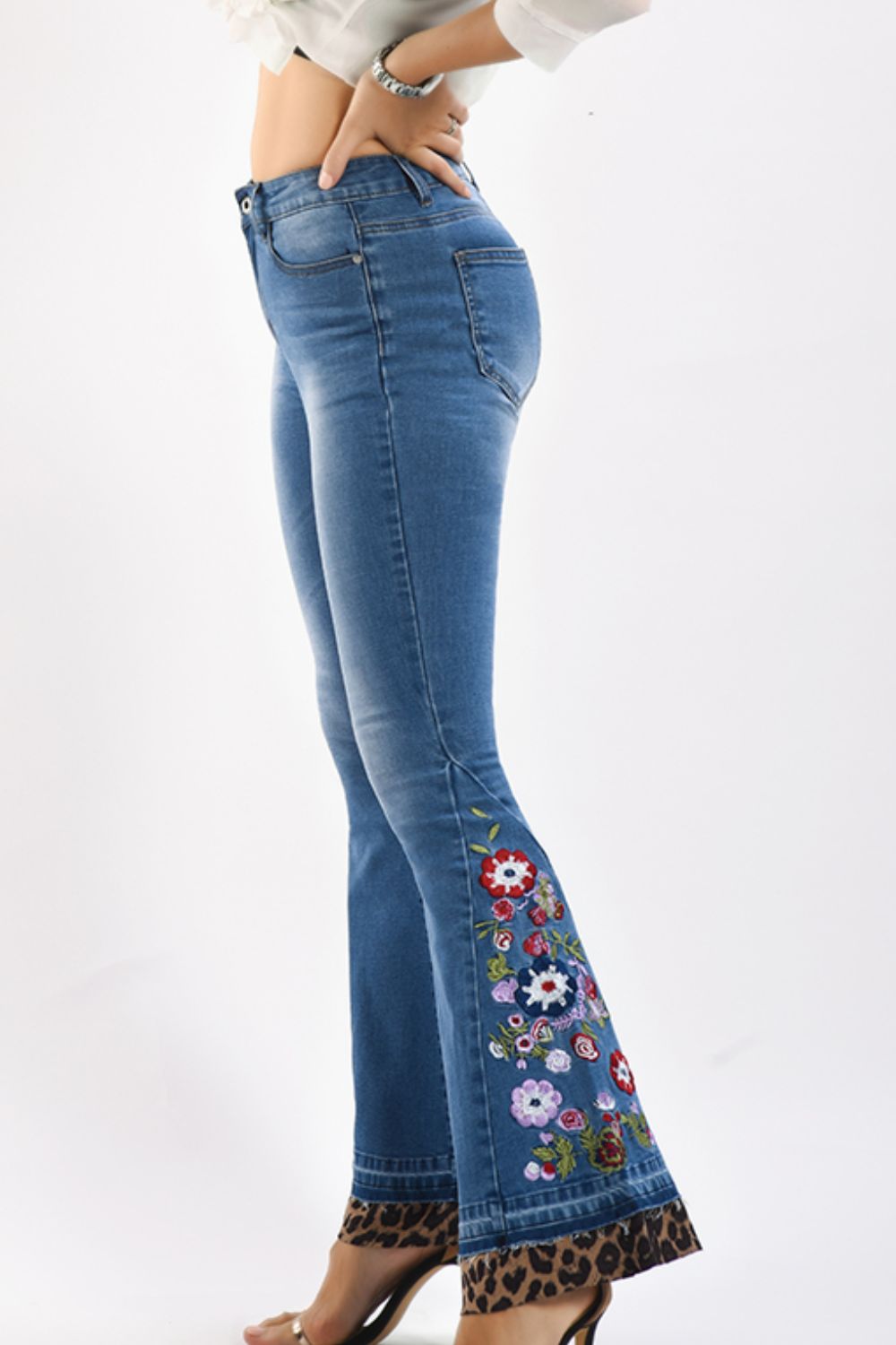 Full Size Leopard Floral Embroidered Flare Jeans