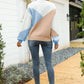 Tricolor Color Block Round Neck Ribbed Trim Sweater